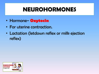 NEUROHORMONES
• Hormone~ Oxytocin
• For uterine contraction.
• Lactation (letdown reflex or milk ejection
  reflex)
 