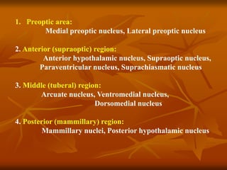 1. Preoptic area:
Medial preoptic nucleus, Lateral preoptic nucleus
2. Anterior (supraoptic) region:
Anterior hypothalamic nucleus, Supraoptic nucleus,
Paraventricular nucleus, Suprachiasmatic nucleus
3. Middle (tuberal) region:
Arcuate nucleus, Ventromedial nucleus,
Dorsomedial nucleus
4. Posterior (mammillary) region:
Mammillary nuclei, Posterior hypothalamic nucleus
 
