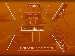 Cortex
Sub cortical
structure
Cortex
Sub cortical
structure
Hypothalamus
Homeostatic mechanism
 