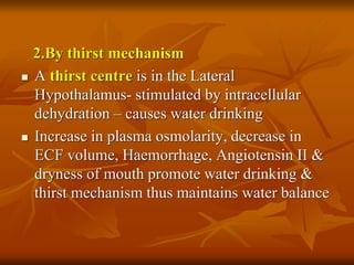2.By thirst mechanism
 A thirst centre is in the Lateral
Hypothalamus- stimulated by intracellular
dehydration – causes water drinking
 Increase in plasma osmolarity, decrease in
ECF volume, Haemorrhage, Angiotensin II &
dryness of mouth promote water drinking &
thirst mechanism thus maintains water balance
 
