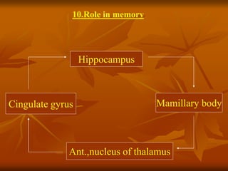 10.Role in memory
Hippocampus
Mamillary body
Ant.,nucleus of thalamus
Cingulate gyrus
 