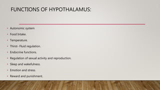 FUNCTIONS OF HYPOTHALAMUS:
• Autonomic system
• Food Intake.
• Temperature.
• Thirst- Fluid regulation.
• Endocrine functions.
• Regulation of sexual activity and reproduction.
• Sleep and wakefulness.
• Emotion and stress.
• Reward and punishment.
 