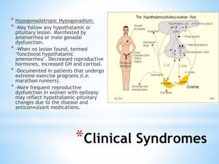 * Hypogonadotropic Hypogonadism:
* -May follow any hypothalamic or
pituitary lesion. Manifested by
amenorrhea or male gonadal
dysfunction.
* -When no lesion found, termed
‘functional hypothalamic
amenorrhea’. Decreased reproductive
hormones, increased GH and cortisol.
* -Documented in patients that undergo
extreme exercise programs (i.e.
marathon runners).
* -More frequent reproductive
dysfunction in women with epilepsy
may reflect hypothalamic-pituitary
changes due to the disease and
anticonvulsant medications.
*Clinical Syndromes
 