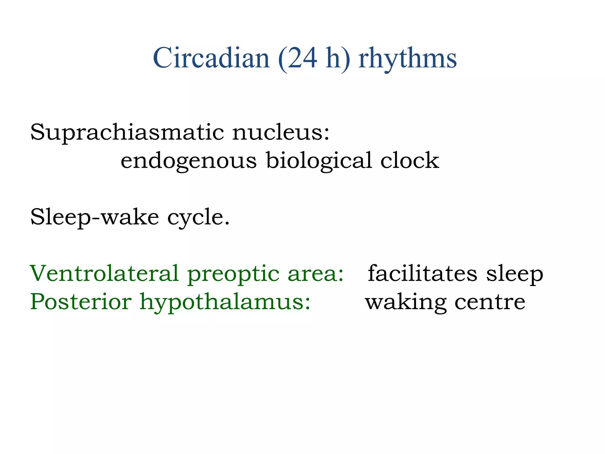 Circadian (24 h) rhythms
Suprachiasmatic nucleus:
endogenous biological clock
Sleep-wake cycle.
Ventrolateral preoptic area: facilitates sleep
Posterior hypothalamus: waking centre
 