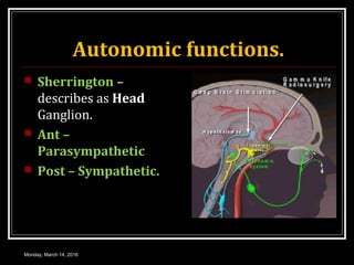 Autonomic functions.
 Sherrington –
describes as Head
Ganglion.
 Ant –
Parasympathetic
 Post – Sympathetic.
Monday, March 14, 2016
 