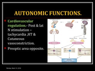 AUTONOMIC FUNCTIONS.
 Cardiovascular
regulation.- Post & lat
N stimulation –
tachycardia ,HT &
Cutaneous
vasoconstriction.
 Preoptic area opposite.
Monday, March 14, 2016
 