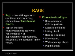 RAGE
 Rage – violent & aggressive
emotional state by strong
stimulation of Punishment
Centre.
 Kept in check by
counterbalancing activity of
Ventromedial N of
hypothalamus, hippocampus,
amygdala & ant portion of limbic
cortex.
 Characterized by –
 Development of
defense posture.
 Extension of limbs
 Lifting of tail.
 Hissing & splitting
 Piloerection.
 Wide openings of eye.
 Pupil dilation.
Monday, March 14, 2016
 