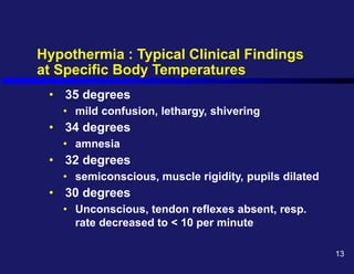 Hypothermia : Typical Clinical Findings
at Specific Body Temperatures
• 35 degrees
• mild confusion, lethargy, shivering
• 34 degrees
• amnesia
• 32 degrees
• semiconscious, muscle rigidity, pupils dilated
• 30 degrees
• Unconscious, tendon reflexes absent, resp.
rate decreased to < 10 per minute
13
 