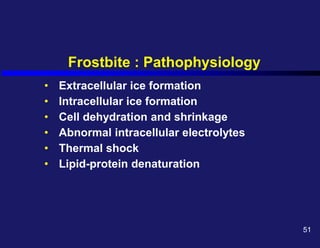 Frostbite : Pathophysiology
• Extracellular ice formation
• Intracellular ice formation
• Cell dehydration and shrinkage
• Abnormal intracellular electrolytes
• Thermal shock
• Lipid-protein denaturation
51
 