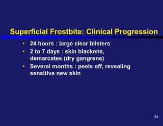 Superficial Frostbite: Clinical Progression
• 24 hours : large clear blisters
• 2 to 7 days : skin blackens,
demarcates (dry gangrene)
• Several months : peels off, revealing
sensitive new skin
54
 