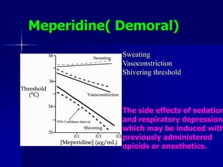 Meperidine( Demoral)
Sweating
Vasoconstriction
Shivering threshold
The side effects of sedation
and respiratory depression,
which may be induced with
previously administered
opioids or anesthetics.
 