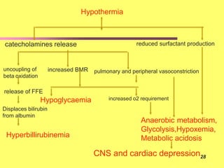 Hypothermia
catecholamines release reduced surfactant production
uncoupling of
beta oxidation
Hyperbillirubinemia
increased BMR
release of FFE
Hypoglycaemia
Displaces bilirubin
from albumin
increased o2 requirement
pulmonary and peripheral vasoconstriction
Anaerobic metabolism,
Glycolysis,Hypoxemia,
Metabolic acidosis
CNS and cardiac depression28
 