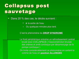 Collapsus post  sauvetage Dans 20 % des cas, le décès survient : -  à   la sortie de l’eau -   Ou quelques minutes plus tard. C’est le phénomène du  DROP SYNDROME Le froid périphérique entraîne un refroidissement central brutal avec COLLAPSUS ( Vasoconstriction brutale des artères et arrêt cardiaque par désamorçage de la pompe cardiaque ) On limite considérablement ce phénomène en sortant la victime de l’eau en  position ALLONGEE . 
