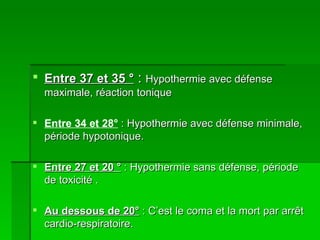Entre 37 et 35 °  :  Hypothermie avec défense maximale, réaction tonique Entre 34 et 28°  : Hypothermie avec défense minimale, période hypotonique. Entre 27 et 20 °  : Hypothermie sans défense, période de toxicité . Au dessous de 20°  : C’est le coma et la mort par arrêt cardio-respiratoire.  