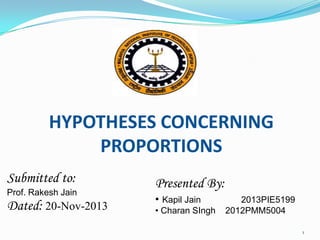 HYPOTHESES CONCERNING
PROPORTIONS
Submitted to:
Prof. Rakesh Jain

Dated: 20-Nov-2013

Presented By:
• Kapil Jain
• Charan SIngh

2013PIE5199
2012PMM5004
1

 