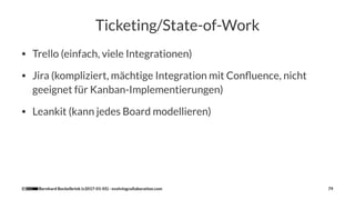 Ticketing/State-of-Work
• Trello (einfach, viele Integrationen)
• Jira (kompliziert, mächtige Integration mit Conﬂuence, n...