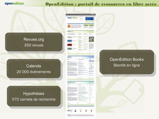 OpenEdition : portail de ressources en libre accès




      Revues.org
      350 revues


                               ...