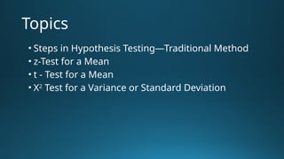 Hypothesis Testing Topics Hypotheses Testing (Engineering data analysis) | PPTX
