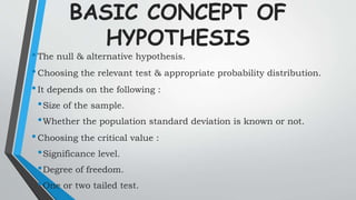 BASIC CONCEPT OF
HYPOTHESIS
•The null & alternative hypothesis.
•Choosing the relevant test & appropriate probability distribution.
•It depends on the following :
•Size of the sample.
•Whether the population standard deviation is known or not.
•Choosing the critical value :
•Significance level.
•Degree of freedom.
•One or two tailed test.
 