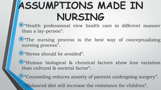 ASSUMPTIONS MADE IN
NURSING
“Health professional view health care in different manner
than a lay-person”.
“The nursing process is the best way of conceptualizing
nursing process”.
“Stress should be avoided”.
“Human biological & chemical factors show less variation
than cultural & societal factor”.
“Counseling reduces anxiety of parents undergoing surgery”.
“Balanced diet will increase the resistance for children”.
 