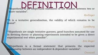 DEFINITION• “Hypothesis is an conjectural statement of the relation between two or
more variables”.
Kerlinger
•“It is a tentative generalization, the validity of which remains to be
tested”.
Lundburg
•“Hypothesis are single tentative guesses, good hunches assumed for use
in devising theory or planning experiments intended to be given a direct
experimental test when possible”.
Eric Roger
• “Hypothesis is a formal statement that presents the expected
relationship between an independent & dependent variables”.
Creswell
 