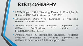 BIBILOGRAPHY
• F.N.Kerlinger, 1986 “Nursing Research Principles &
Methods” CBS Publications pp 16-28,198.
• F.N.Kerlinger, 1956 “The Language of Approach
Science” CBS Publications .
• Denise.F.Polite “Nursing Research” Lippioncott &
Wiiliams Publications 2nd edition pp
119,121,124,126,133,134.
• Denise.F.Polite & Bernadette.P.Hungles, “Nursing
Research Principles & Methods”. Lipioncott &
Williams Publications 6th Editions pp 61-70.
 