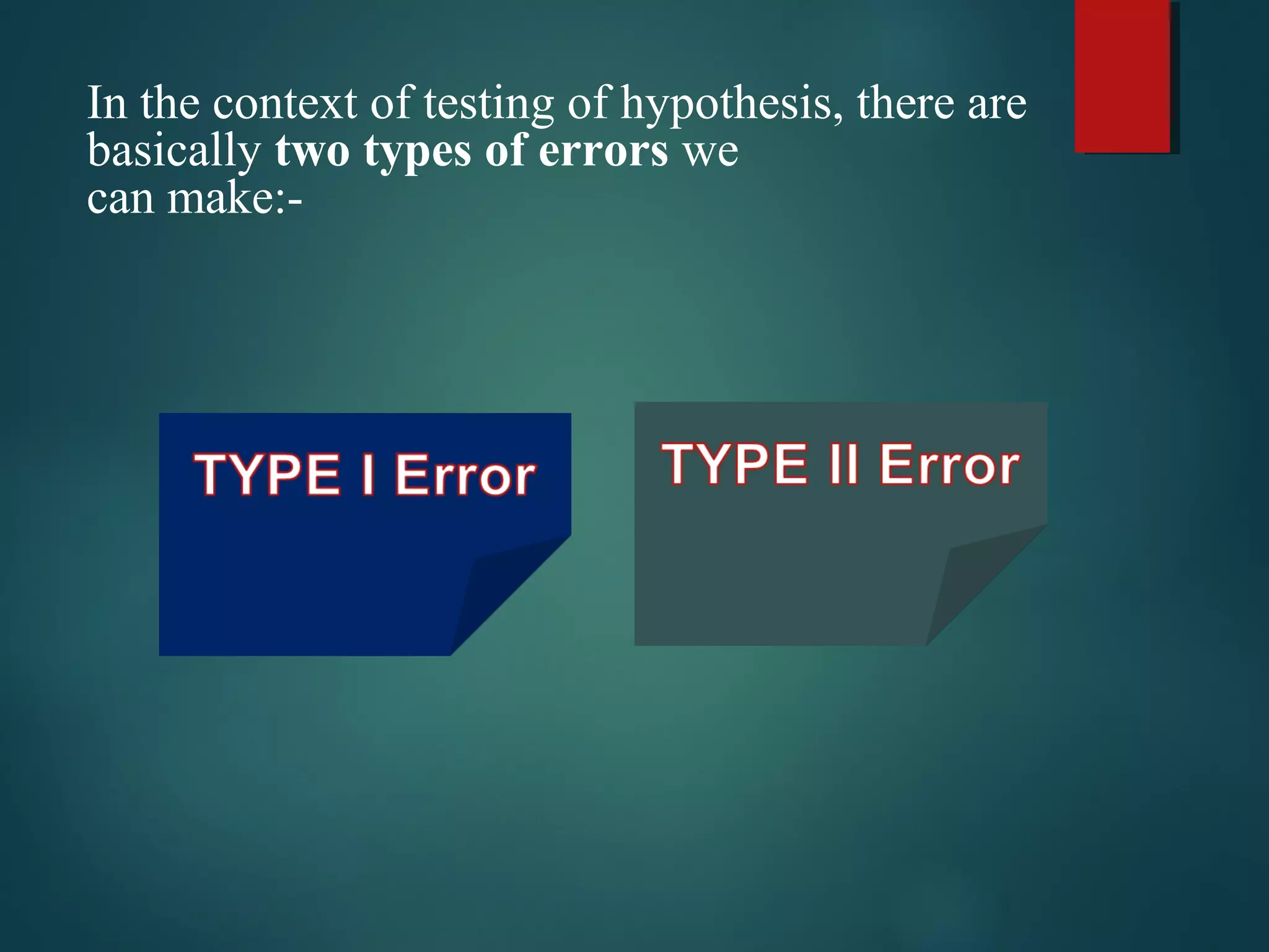 In the context of testing of hypothesis, there are
basically two types of errors we
can make:-
 