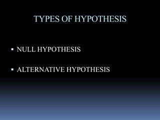 TYPES OF HYPOTHESIS
 NULL HYPOTHESIS
 ALTERNATIVE HYPOTHESIS
 