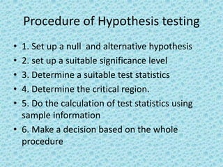 Procedure of Hypothesis testing 
• 1. Set up a null and alternative hypothesis 
• 2. set up a suitable significance level 
• 3. Determine a suitable test statistics 
• 4. Determine the critical region. 
• 5. Do the calculation of test statistics using 
sample information 
• 6. Make a decision based on the whole 
procedure 
 