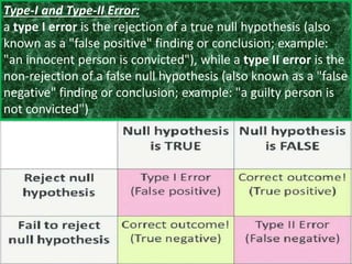 Type-I and Type-II Error:
a type I error is the rejection of a true null hypothesis (also
known as a "false positive" finding or conclusion; example:
"an innocent person is convicted"), while a type II error is the
non-rejection of a false null hypothesis (also known as a "false
negative" finding or conclusion; example: "a guilty person is
not convicted")
 