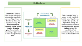 Decision Errors
Type I error: When we
reject the null hypothesis,
although that hypothesis
was true. Type I error is
denoted by alpha. In
hypothesis testing, the
normal curve that
shows the critical region
is called the alpha
region. The probability of
committing a Type I error
is called the significance
level.
Type II errors: When we
accept the null hypothesis
but it is false. Type II errors
are denoted by beta. In
Hypothesis testing, the
normal curve that shows the
acceptance region is called
the beta region. The
probability of not
committing a Type II error is
called the Power of the test.
 