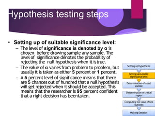Hypothesis testing steps
• Setting up of suitable significance level:
– The level of significance is denoted by α is
chosen before drawing sample any sample. The
level of significance denotes the probability of
rejecting the null hypothesis when it istrue.
– The value of α varies from problem to problem, but
usually it is taken as either 5 percent or 1 percent.
– A 5 percent level of significance means that there
are 5 chances out of hundred that a null hypothesis
will get rejected when it should be accepted. This
means that the researcher is 95 percent confident
that a right decision has beentaken.
Determination ofcritical
region
Computingthevalue of test
statistics
Making Decision
Determination of atest
statistic
Setting upsuitable
significancelevel
Setting upHypothesis
 