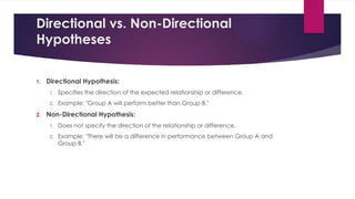 Directional vs. Non-Directional
Hypotheses
1. Directional Hypothesis:
1. Specifies the direction of the expected relationship or difference.
2. Example: "Group A will perform better than Group B."
2. Non-Directional Hypothesis:
1. Does not specify the direction of the relationship or difference.
2. Example: "There will be a difference in performance between Group A and
Group B."
 