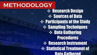  Research Design
Sources of Data
Participants of the Study
Sampling Techniques
Data Gathering
Procedures
Research Instrument
Statistical Treatment of