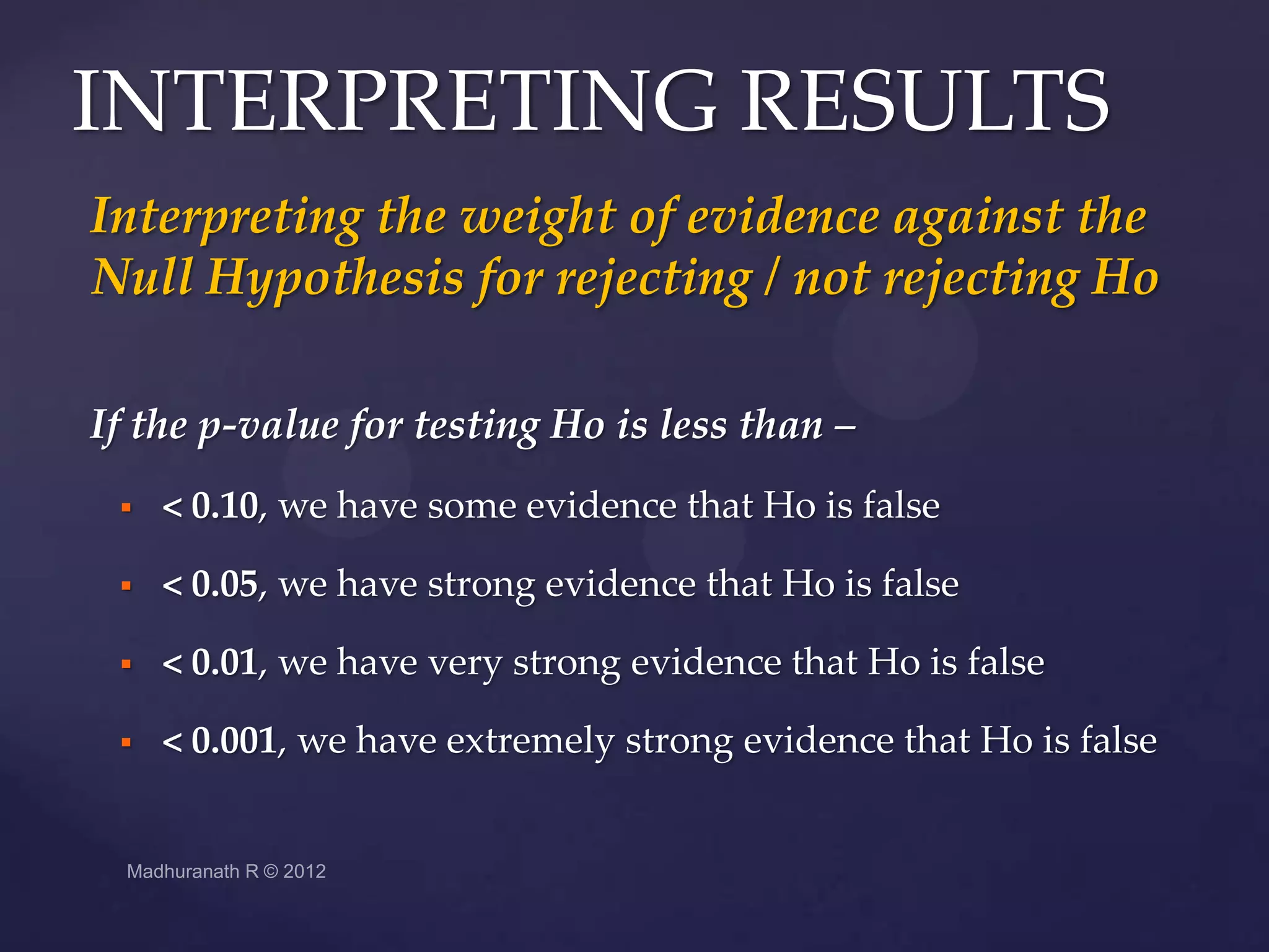 INTERPRETING RESULTS
Interpreting the weight of evidence against the
Null Hypothesis for rejecting / not rejecting Ho

If the p-value for testing Ho is less than –
    < 0.10, we have some evidence that Ho is false

    < 0.05, we have strong evidence that Ho is false

    < 0.01, we have very strong evidence that Ho is false

    < 0.001, we have extremely strong evidence that Ho is false
 