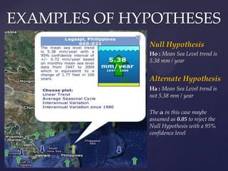 EXAMPLES OF HYPOTHESES
              Null Hypothesis
              Ho : Mean Sea Level trend is
              5.38 mm / year


              Alternate Hypothesis
              Ha : Mean Sea Level trend is
              not 5.38 mm / year

              The α in this case maybe
              assumed as 0.05 to reject the
              Null Hypothesis with a 95%
              confidence level
 