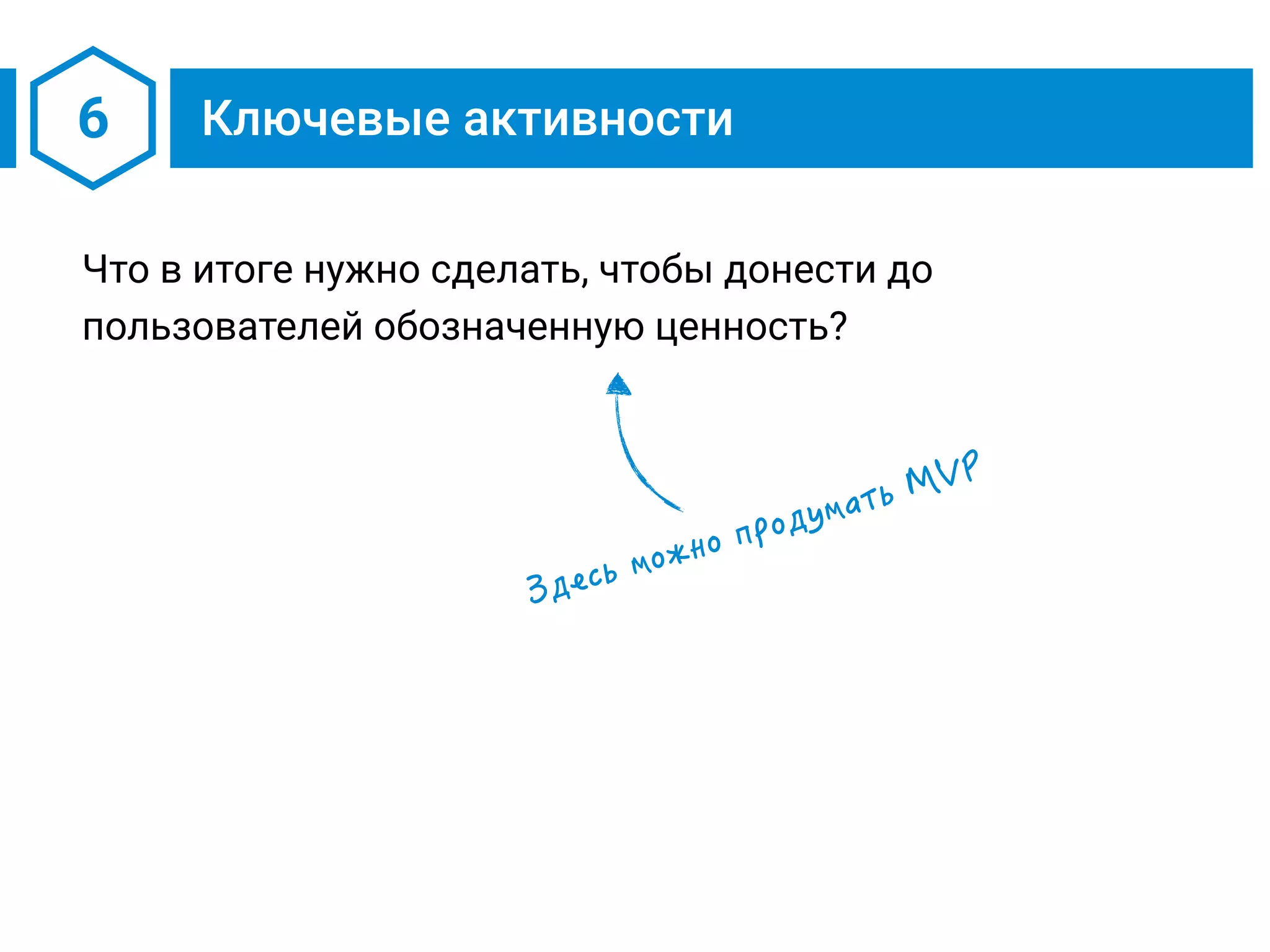 6 Ключевые активности
Что в итоге нужно сделать, чтобы донести до
пользователей обозначенную ценность?
 