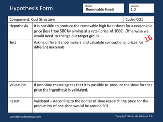 Component: Cost Structure Code: CO1
Hypothesis It is possible to produce the removable high heel shoes for a reasonable
price (less than 50€ by aiming at a retail price of 100€). Otherwise we
would need to change our target group.
Test Asking different shoe makers and calculate conceptional prices for
different materials.
Validation If one shoe maker agrees that it is possible to produce the shoe for that
price the hypothesis is validated.
Result Validated – According to the center of shoe research the price for the
production of one shoe would be around 50€
www.fabricadestartups.com Copyright Fábrica de Startups, S.A.
Hypothesis Form
Model Version
Removable Heels 1.0
 
