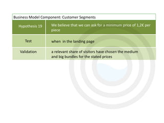 Hypothesis 19
Test
Validation
We believe that we can ask for a minimum price of 1,2€ per
piece
when in the landing page
a relevant share of visitors have chosen the medium
and big bundles for the stated prices
Business Model Component: Customer Segments
 