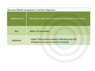 Hypothesis 12
Test
Validation
We believe that Airbnb hosts are interested in our service
When 10 interviews
collect 50% positive answers indicating that the
willingness to use our service increases.
Business Model Component: Customer Segments
 