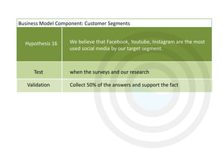 Hypothesis 16
Test
Validation
We believe that Facebook, Youtube, Instagram are the most
used social media by our target segment.
when the surveys and our research
Collect 50% of the answers and support the fact
Business Model Component: Customer Segments
 