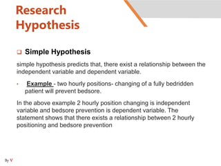 Research
Hypothesis
 Simple Hypothesis
simple hypothesis predicts that, there exist a relationship between the
independent variable and dependent variable.
• Example - two hourly positions- changing of a fully bedridden
patient will prevent bedsore.
In the above example 2 hourly position changing is independent
variable and bedsore prevention is dependent variable. The
statement shows that there exists a relationship between 2 hourly
positioning and bedsore prevention
By V
 