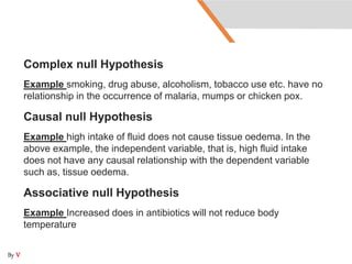 Complex null Hypothesis
Example smoking, drug abuse, alcoholism, tobacco use etc. have no
relationship in the occurrence of malaria, mumps or chicken pox.
Causal null Hypothesis
Example high intake of fluid does not cause tissue oedema. In the
above example, the independent variable, that is, high fluid intake
does not have any causal relationship with the dependent variable
such as, tissue oedema.
Associative null Hypothesis
Example Increased does in antibiotics will not reduce body
temperature
By V
 