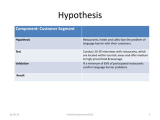 Hypothesis 
Component: Customer Segment 
Hypothesis Restaurants, hotels and cafés face the problem of 
language barrier with their customers. 
Test Conduct 20-30 interviews with restaurants, which 
are located within touristic areas and offer medium 
to high priced food & beverage. 
Validation If a minimum of 65% of participated restaurants 
confirm language barrier problems. 
Result 
26.09.14 FreshEntrepreneurs2014 
5 
 