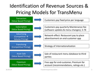 Identification of Revenue Sources &
Pricing Models for TransMenu
26.09.14 FreshEntrepreneurs2014 2
Transaction
(Value Based Pricing): Customers pay fixed price per language
Subscription
(Value Based Pricing):
Customers pay quarterly Maintenance fee
(software updates & menu changes), 5-7€
Advertising
(Competitive 
Volume Pricing):
Network-effect: Restaurant pay to place
advertisement on end-customer app
Franchising
(Competitive Pricing): Strategy of Internationalization
Asset Sale
(Value Based Pricing):
Sale of restaurant menu database to third
parties
Freemium
(Value Based Pricing):
Free app for end-customer, Premium for
account (recommendations, ratings etc.)
 