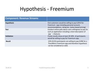 Component: Revenue Streams
Hypothesis End customers would be willing to pay 0,99 € for
Freemium –app including personal account,
recommendations, rating etc. (value-based pricing).
Test Conduct online pole about users willingness to pay for
such an application including a short description of
app´s features.
Validation If pole results show at least 20-30% of participants
would be willing to pay for Freemium-app.
Result 22% (5/22) participants are willing to pay 0,99€ for a
TransMenu Freemium-app and therefore hypothesis
can be considered as valid.
26.09.14 5FreshEntrepreneurs2014
Hypothesis - Freemium
 