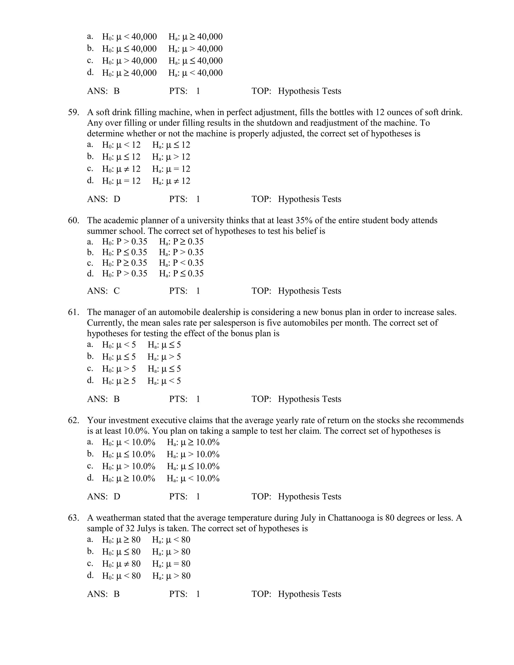 Hypothesis Test Bank with Solutions | DOC