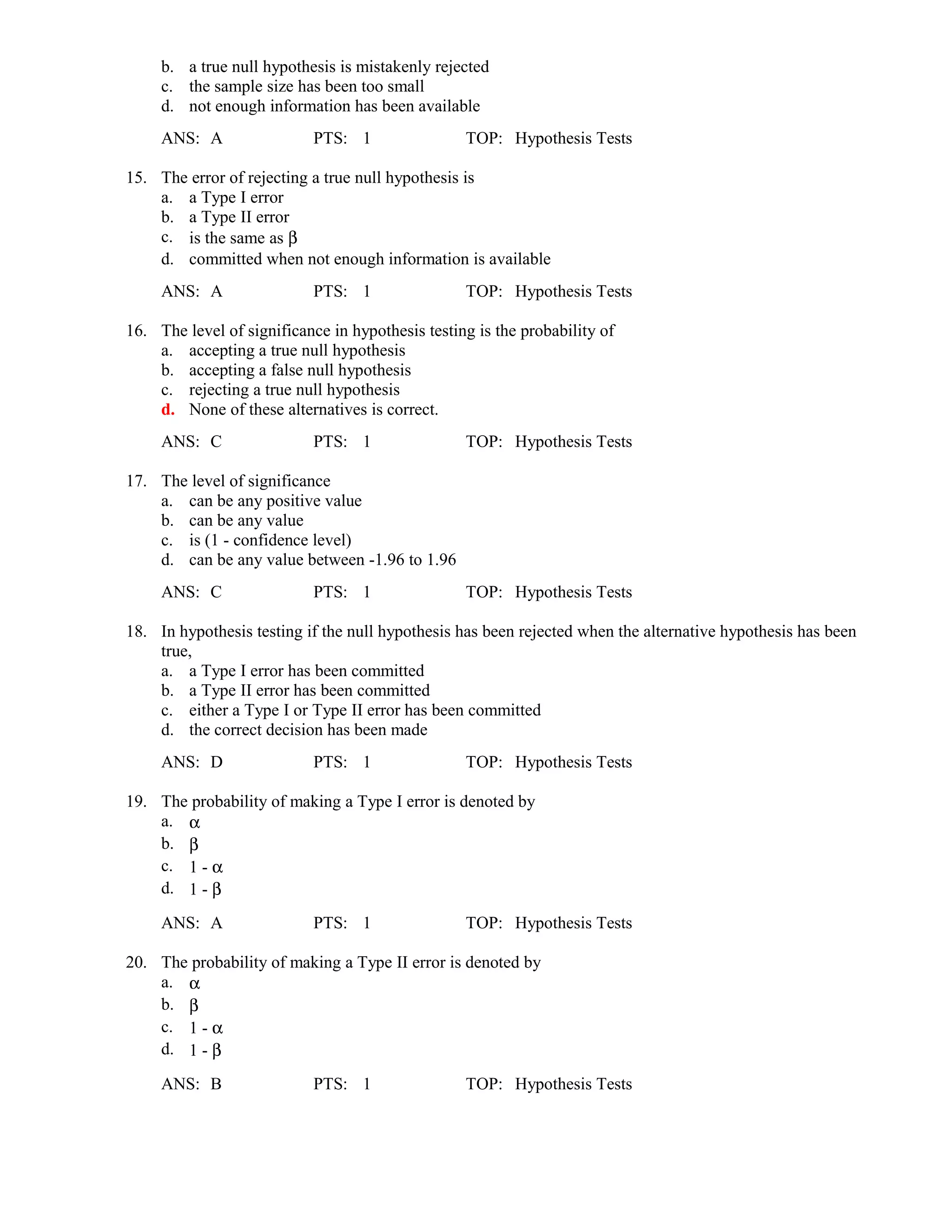 Hypothesis Test Bank with Solutions | DOC