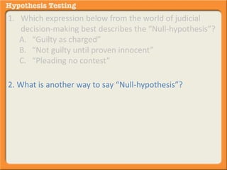 1. Which expression below from the world of judicial 
decision-making best describes the “Null-hypothesis”? 
A. “Guilty as charged” 
B. “Not guilty until proven innocent” 
C. “Pleading no contest” 
2. What is another way to say “Null-hypothesis”? 
 