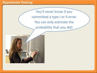 You’ll never know if you 
committed a type I or II error. 
You can only estimate the 
probability that you did! 
 